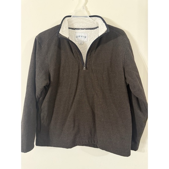 Orvis Mens L 1/4 Zip Pullover Fleece Lined Pockets Brown Pullover Sweater - Picture 1 of 7